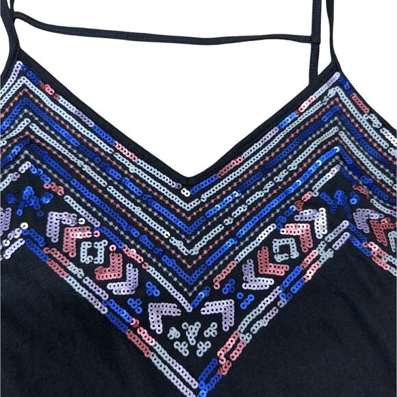 EXPRESS Sequin Aztec Tribal Black V-Cut Spaghetti Strap Boho Tank Top Small - Picture 2 of 5